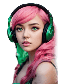 Young woman with pink hair wearing green headphones, representing futuristic music creation technology, model of Sunora AI Music Generator app.