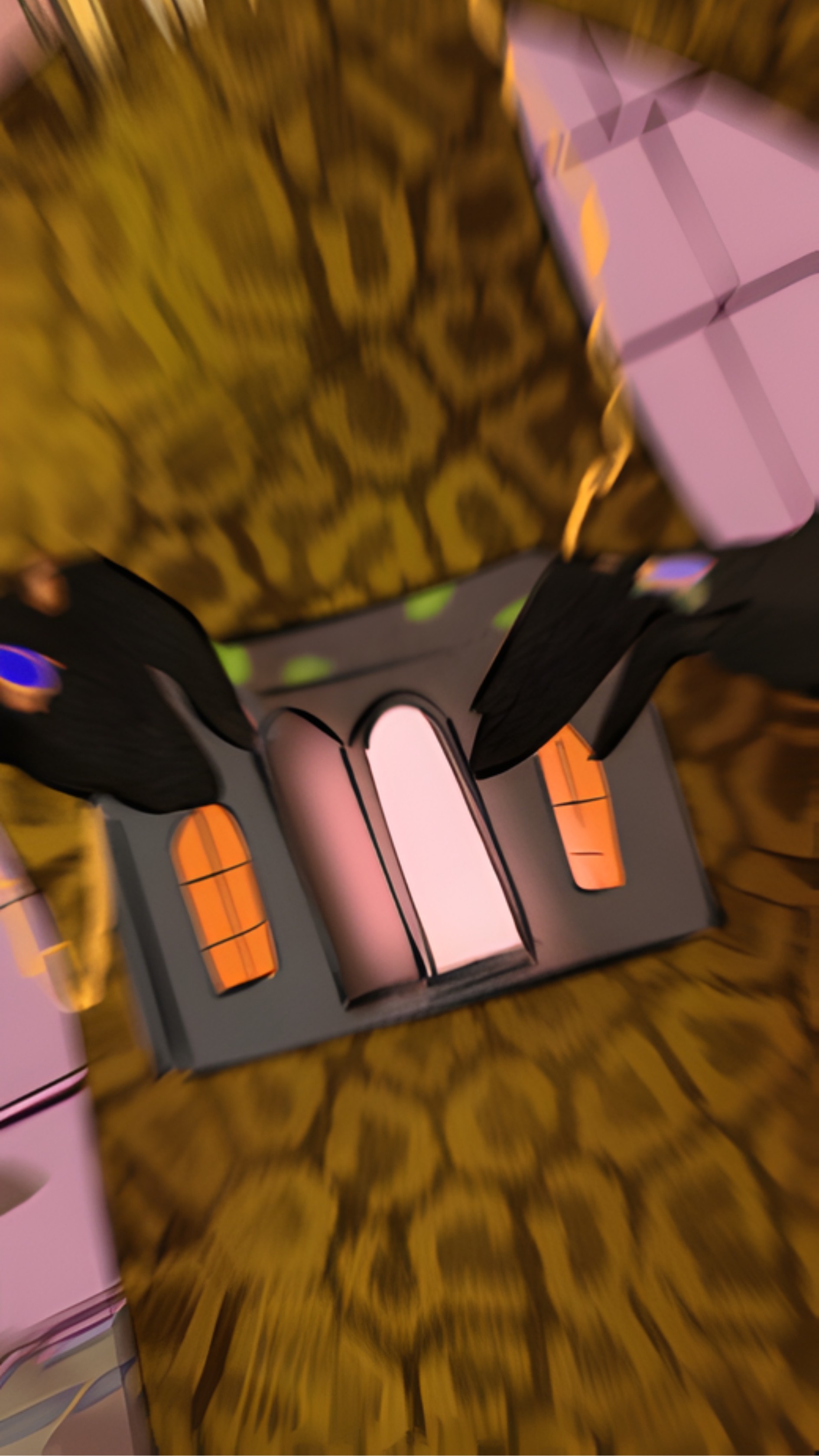 Someone in leopard print opening a glowing house-shaped purse in a gothic room