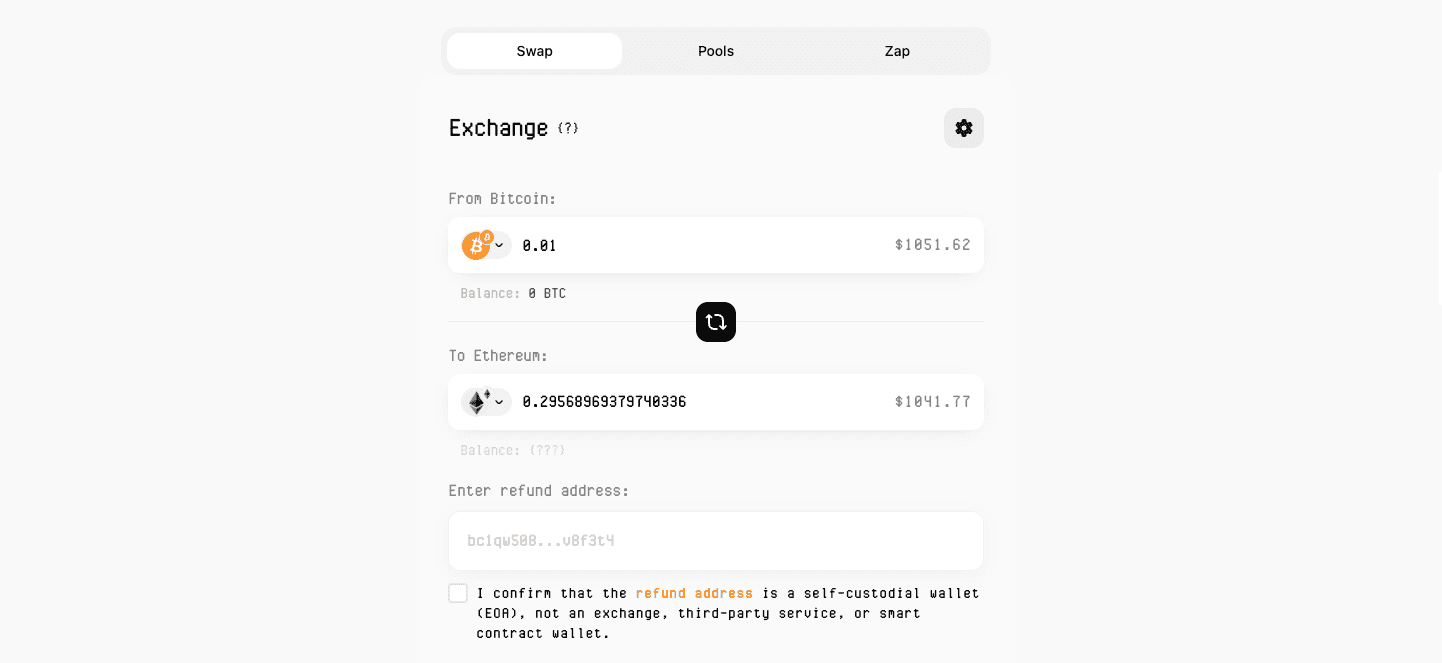 Bitcoin to Ethereum swap interface with amount and price conversion displayed