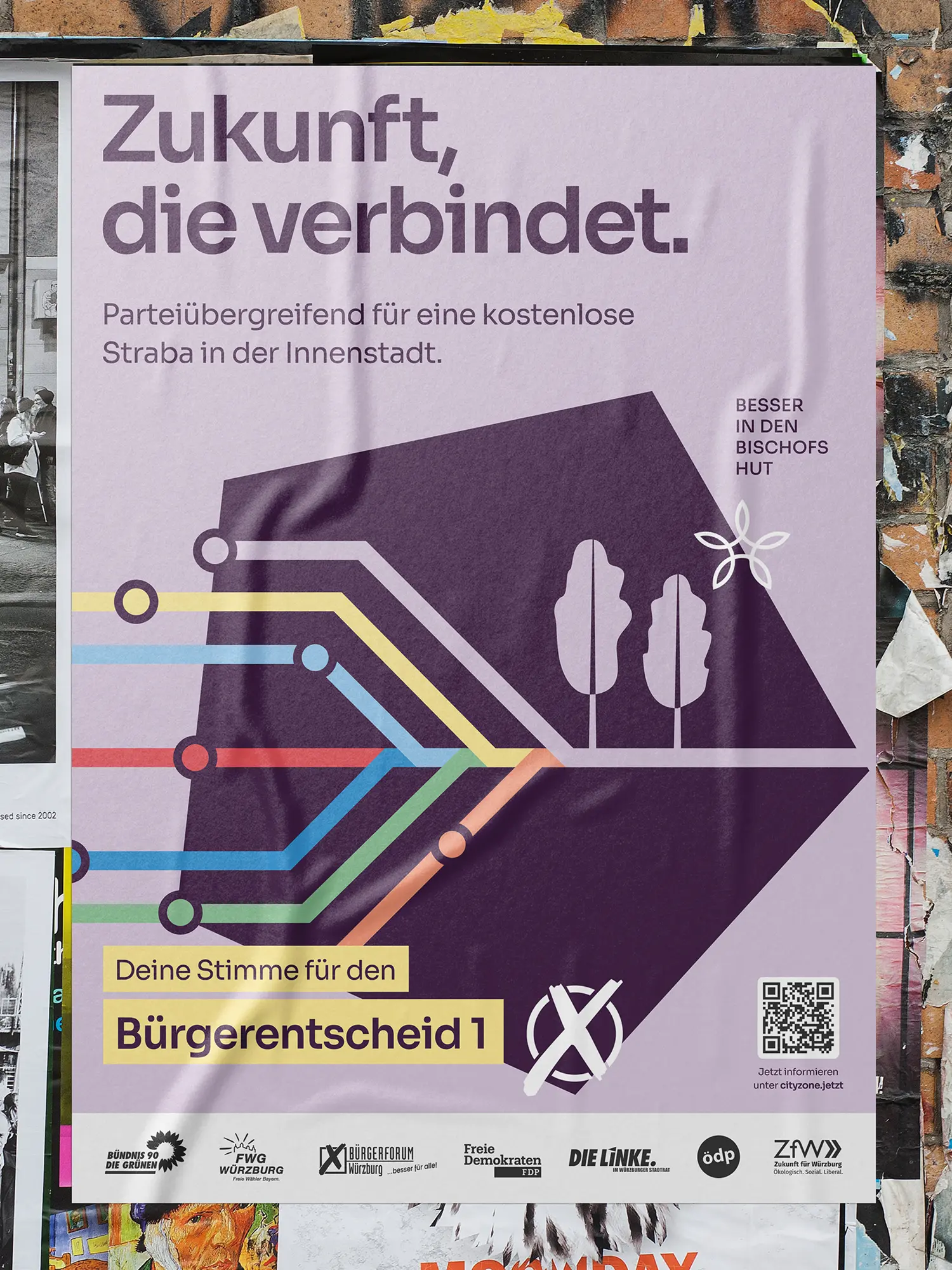 Plakat „Zukunft, die verbindet“ mit Straßenbahn-Linien-Motiv und parteiübergreifenden Logos in Würzburg.
