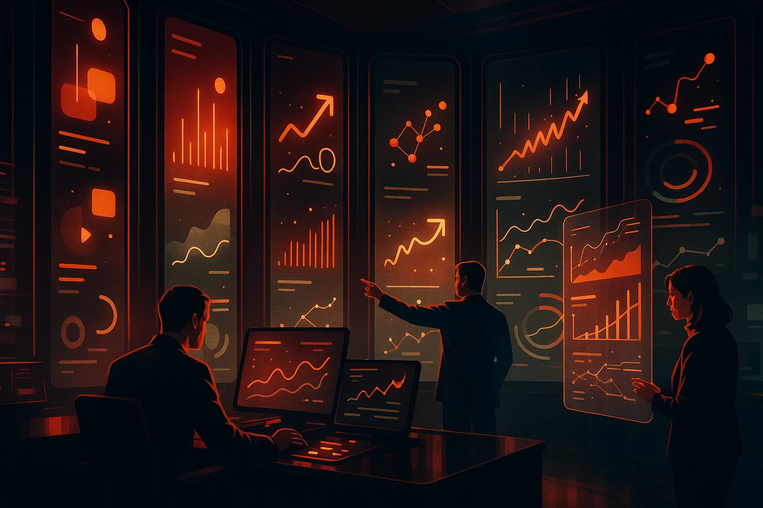 RockN' Socials team analyzing data in a high-tech digital marketing agency.