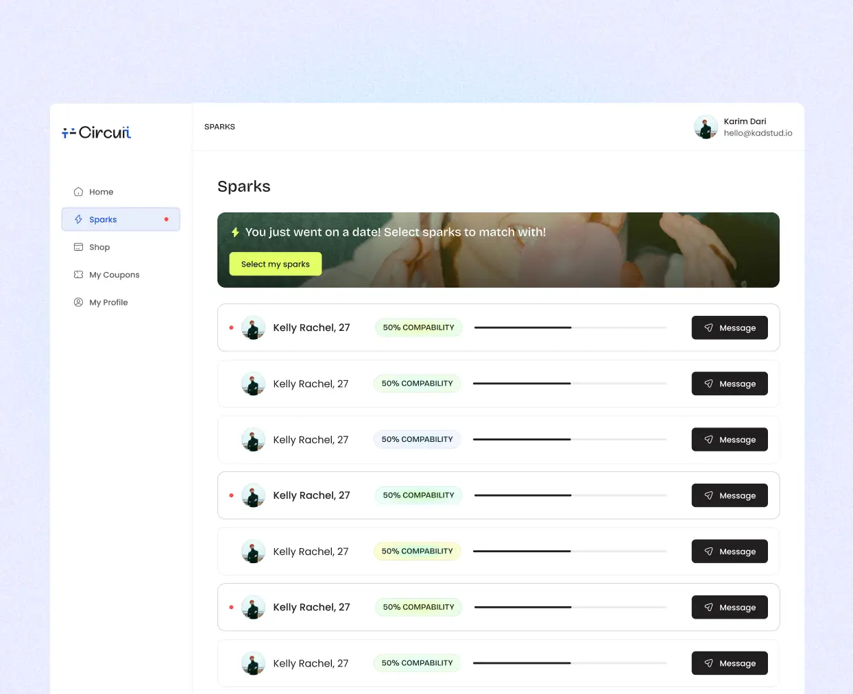 Mockup displaying the list of matches user has and can interact with.