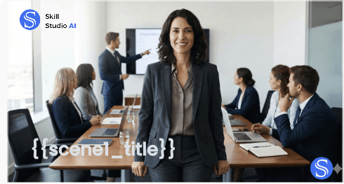 Business team in compliance training session, woman stands confidently.