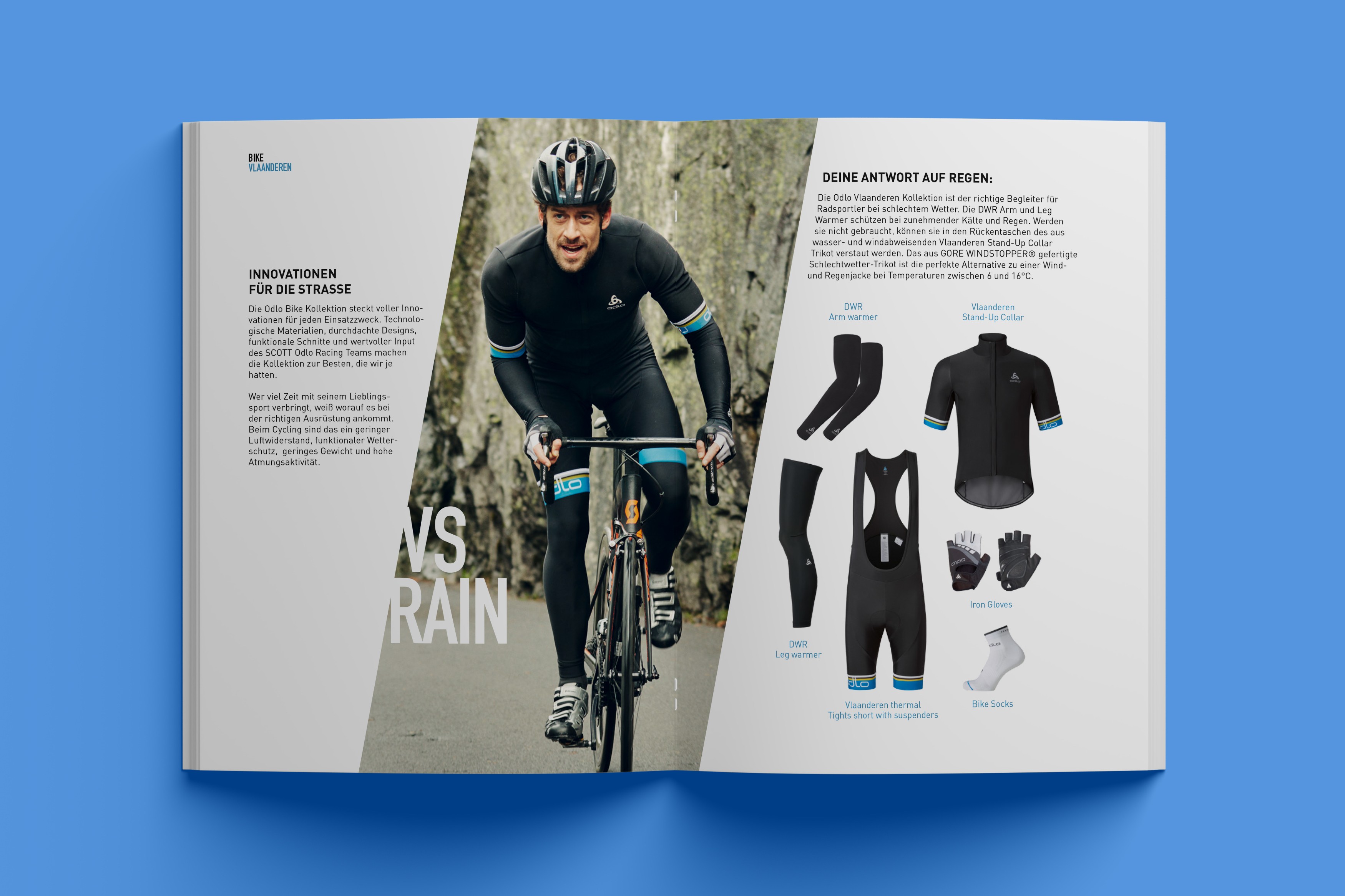 Doppelseite des Odlo Katalogs – präzises Layout mit ausgewogener Verbindung von Kmapagnen- sowie Produktfotografie und Typografie
