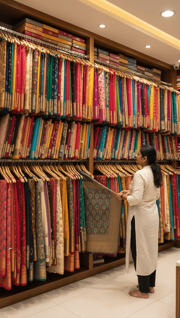 An array of new-season sarees in vibrant and pastel tones, featuring diverse fabrics and patterns that define the 2025 fashion trends.