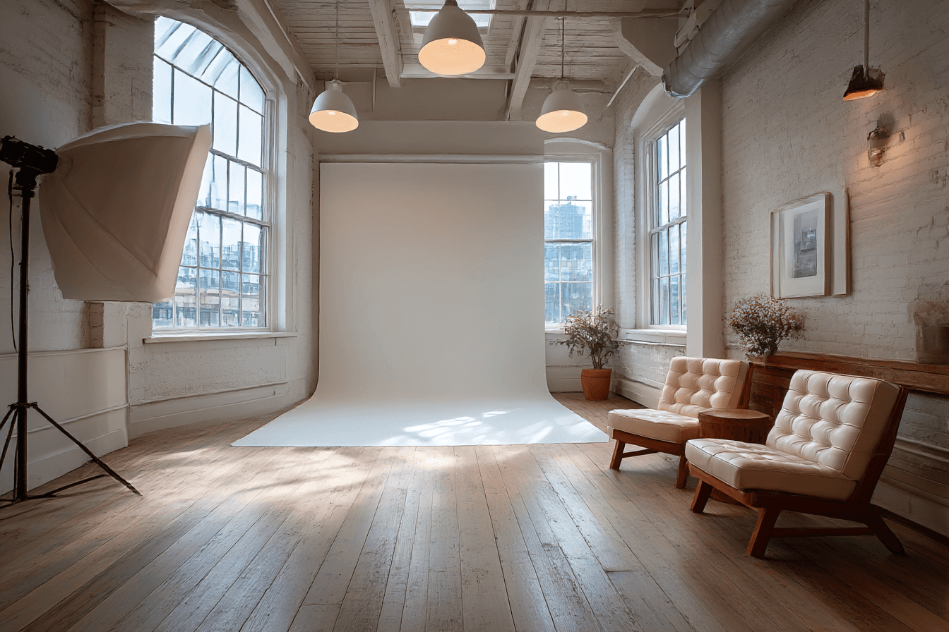 Bright photo studio with large windows, paper backdrop, lights, chairs and wooden floor. Perfect for photoshoots.