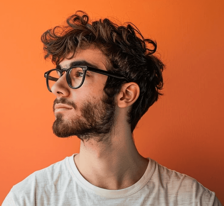 Young man with curly hair and glasses looks thoughtfully to the side against a vibrant orange background. He wears a white shirt, conveying a casual tone.