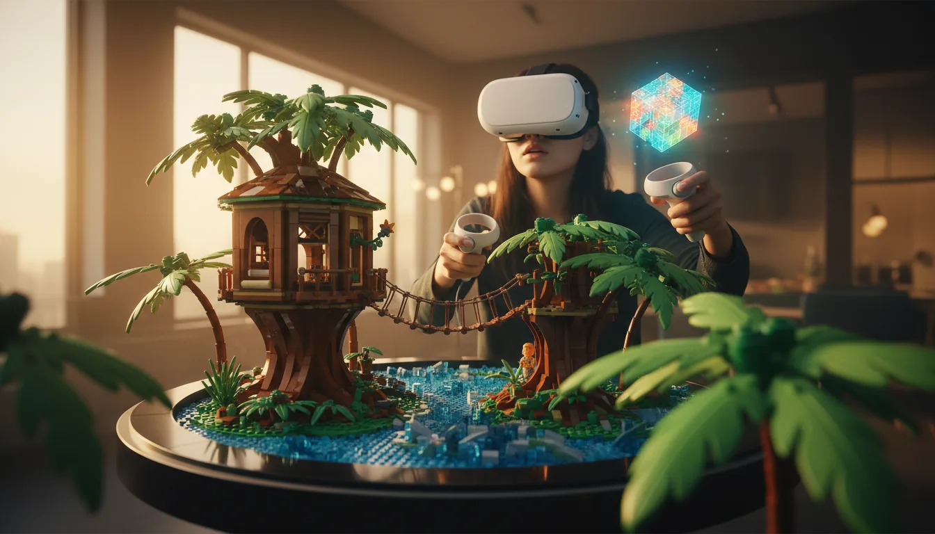 DSLR product photography, vibrant and cinematic, wide-angle low-angle shot of a young Asian woman with an expression of focused wonder, wearing a white VR headset and holding two controllers. She is interacting with an intricate and colorful LEGO jungle treehouse diorama, featuring brown structures, blue water, and lush green plastic palm trees. A glowing, translucent holographic building block hovers near her controller. The lighting is warm with a golden hour glow from the background, creating high contrast and saturated colors. Extreme shallow depth of field with sharp focus on the woman's face and the central LEGO model, while LEGO palm fronds in the foreground and the room interior in the background are heavily blurred with a soft bokeh effect.