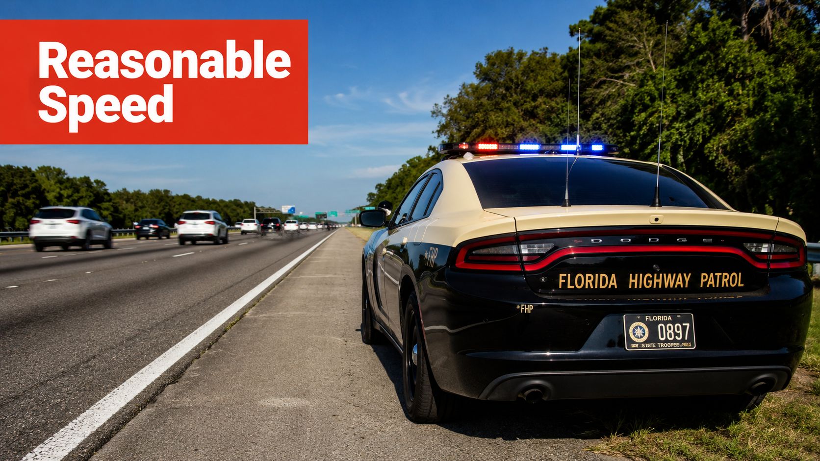 A Florida Highway Patrol cruiser parked on the shoulder of a multi-lane highway under a blue sky.