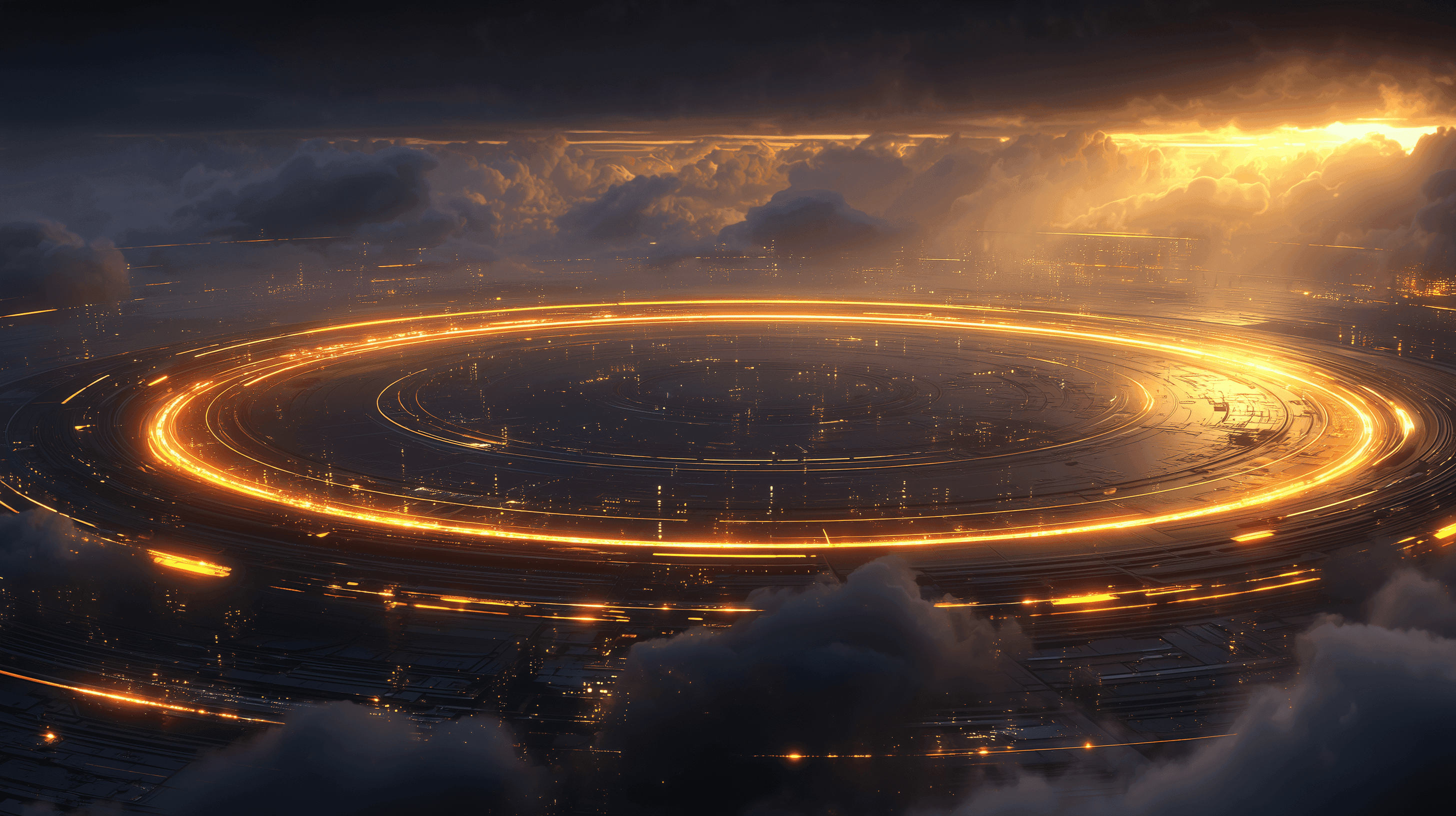 A stunning fantasy landscape features towering cliffs with ancient structures, illuminated by a warm sunset glow.