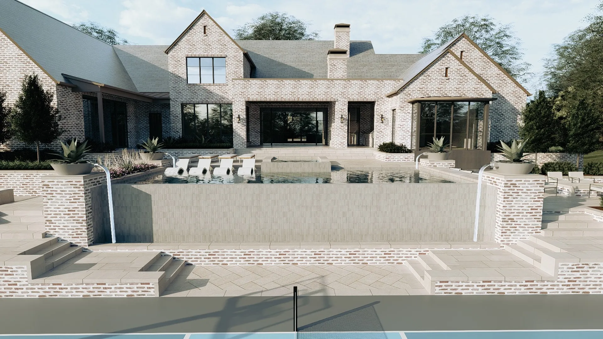 Modern farmhouse pool and water features design in Montrachet