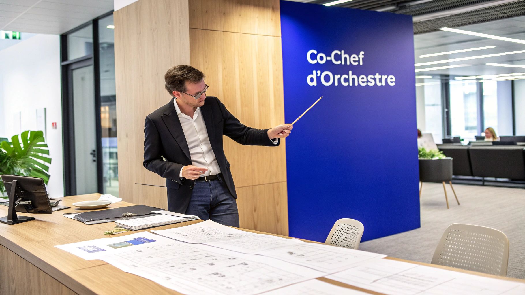 Un homme avec un pointeur devant un mur bleu 