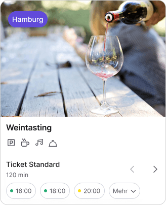 Buchungsansicht in einem Buchungssystem eines Weintastings . Die Aktivität dauert 120 Minuten und ist zu verschiedenen Zeiten buchbar. 