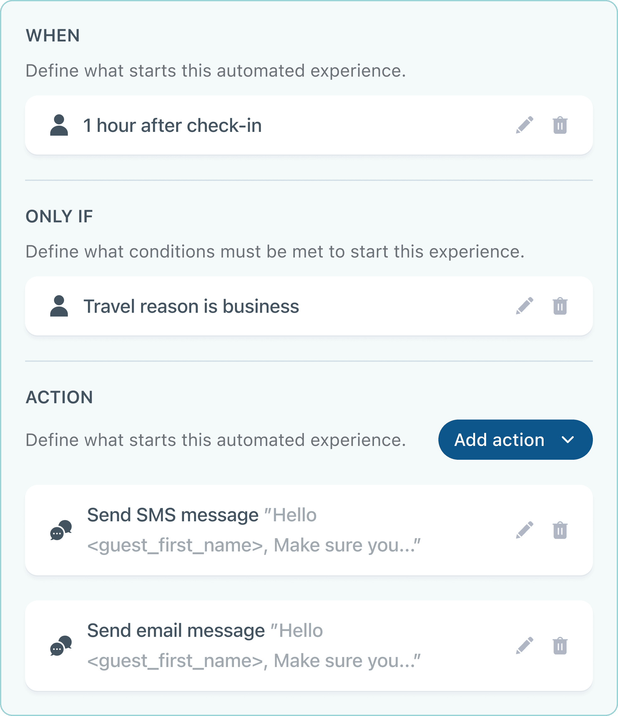Condition editor example for after a guest checks-in