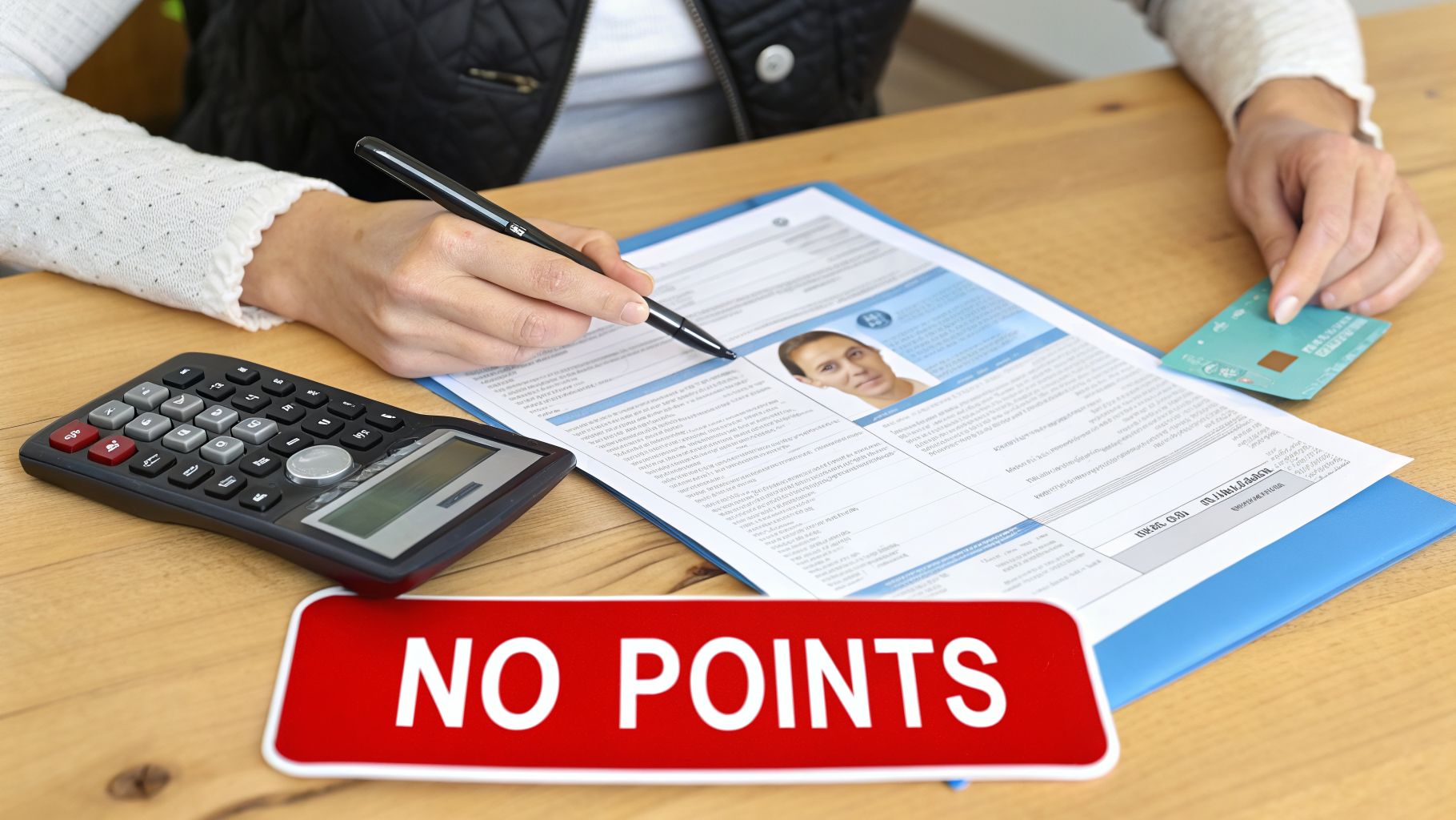 Person filling out a document with a pen, holding a card, calculator, and a 'NO POINTS' sign on a wooden desk.