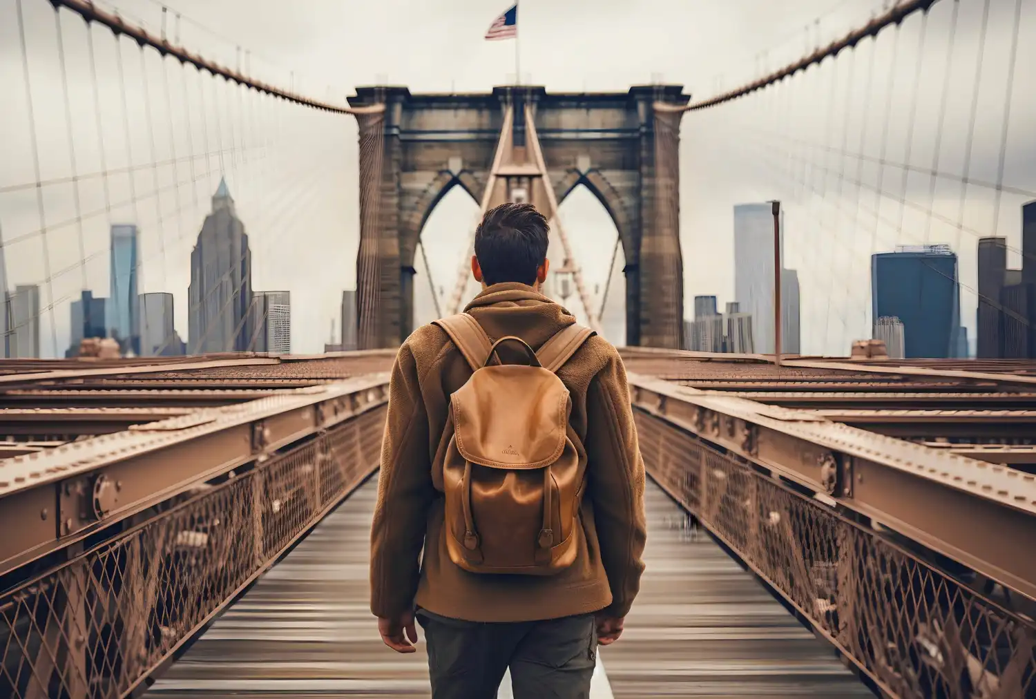 Brooklyn Köprüsü'nde yürüyen kişi, New York City, ABD