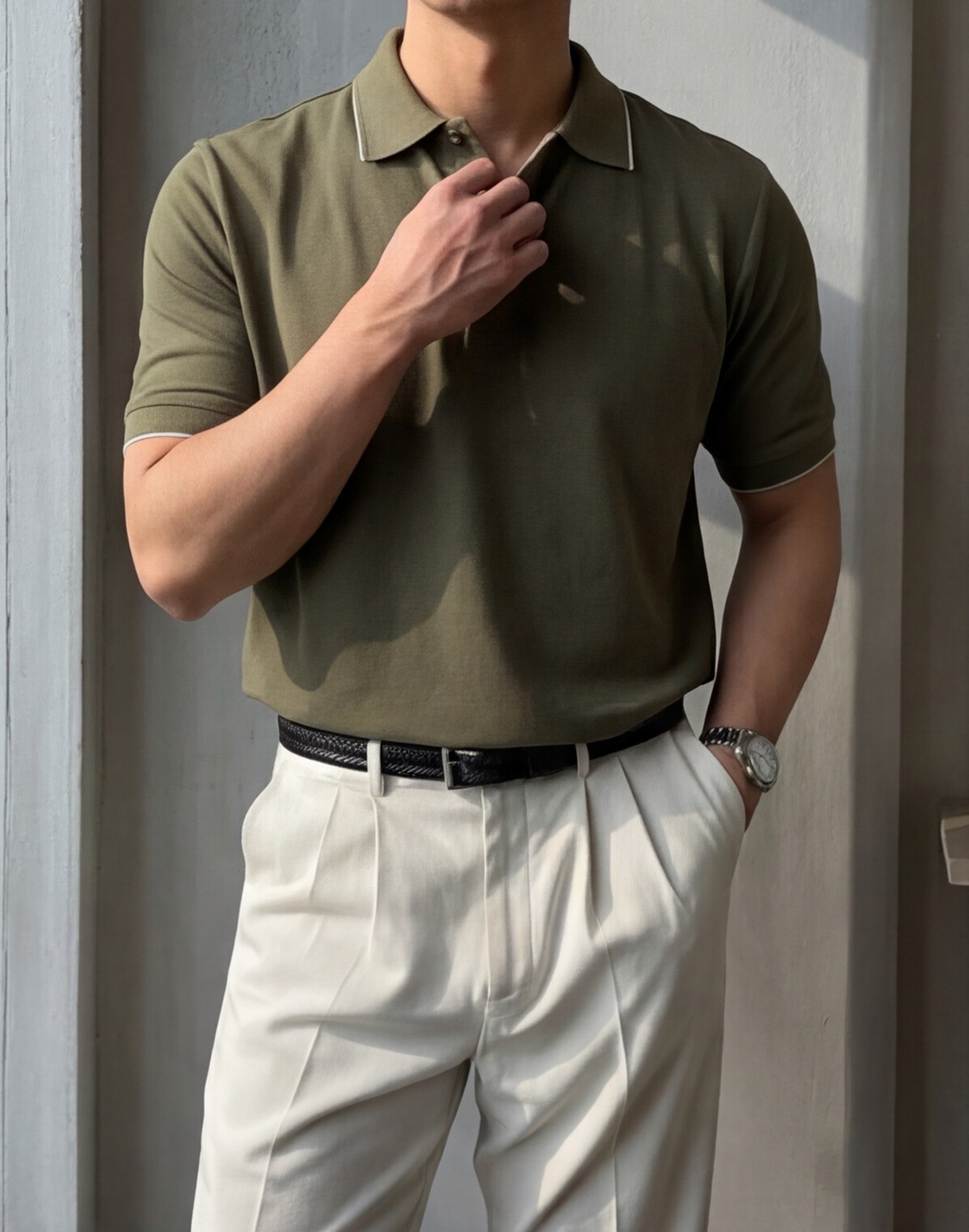 Olive Polo with Cream Tailored Trousers