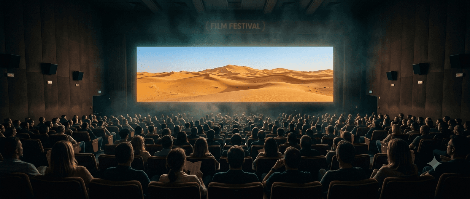 Audience watching a FishEye Films documentary premiere on a large cinema screen at a film festival
