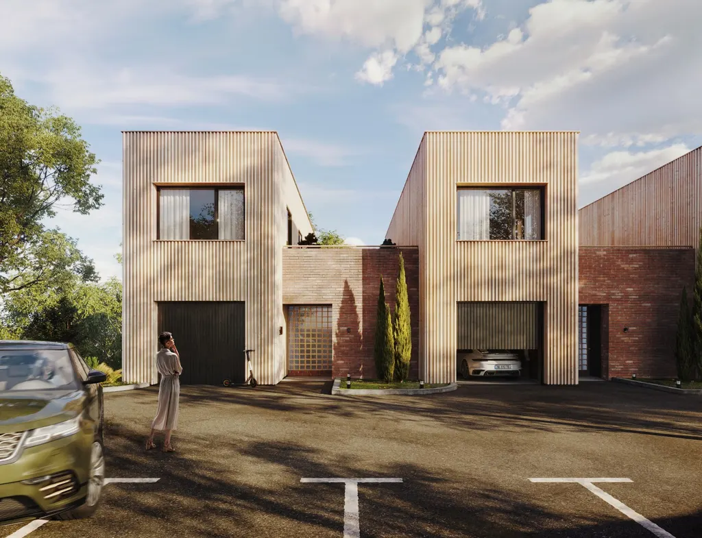 Woman walking near minimalist townhouse with car and electric scooter in driveway