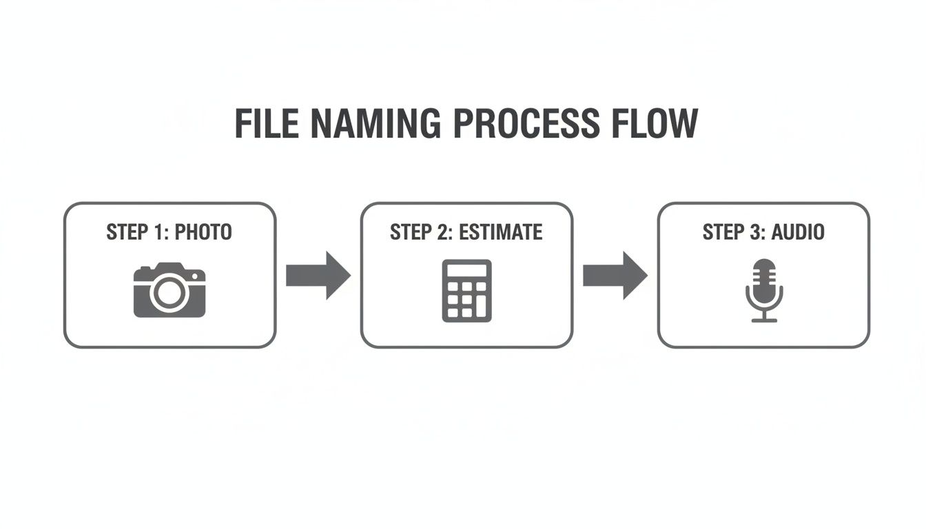 A diagram illustrating a three-step file naming process flow: Photo, Estimate, and Audio.