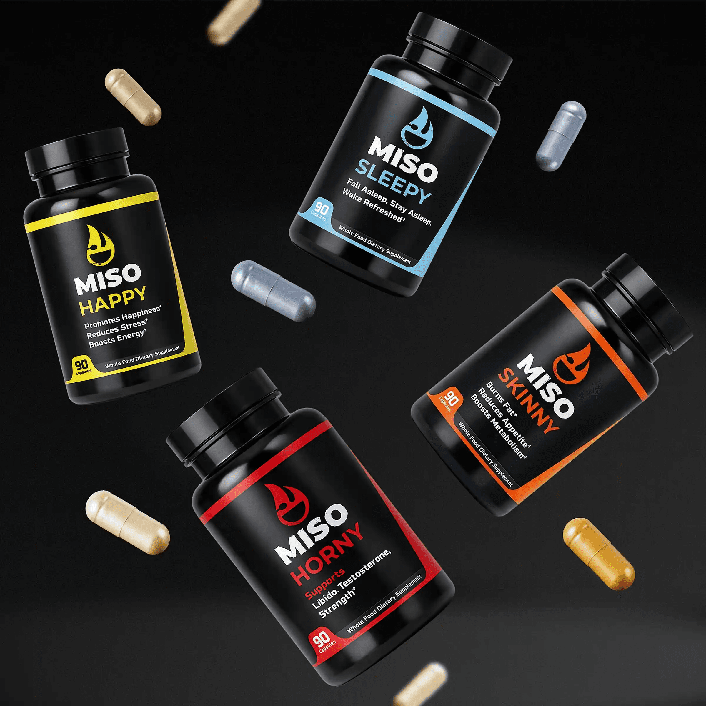 Miso supplement bottles falling from top of frame with capsules dynamically surrounding bottles on a black background