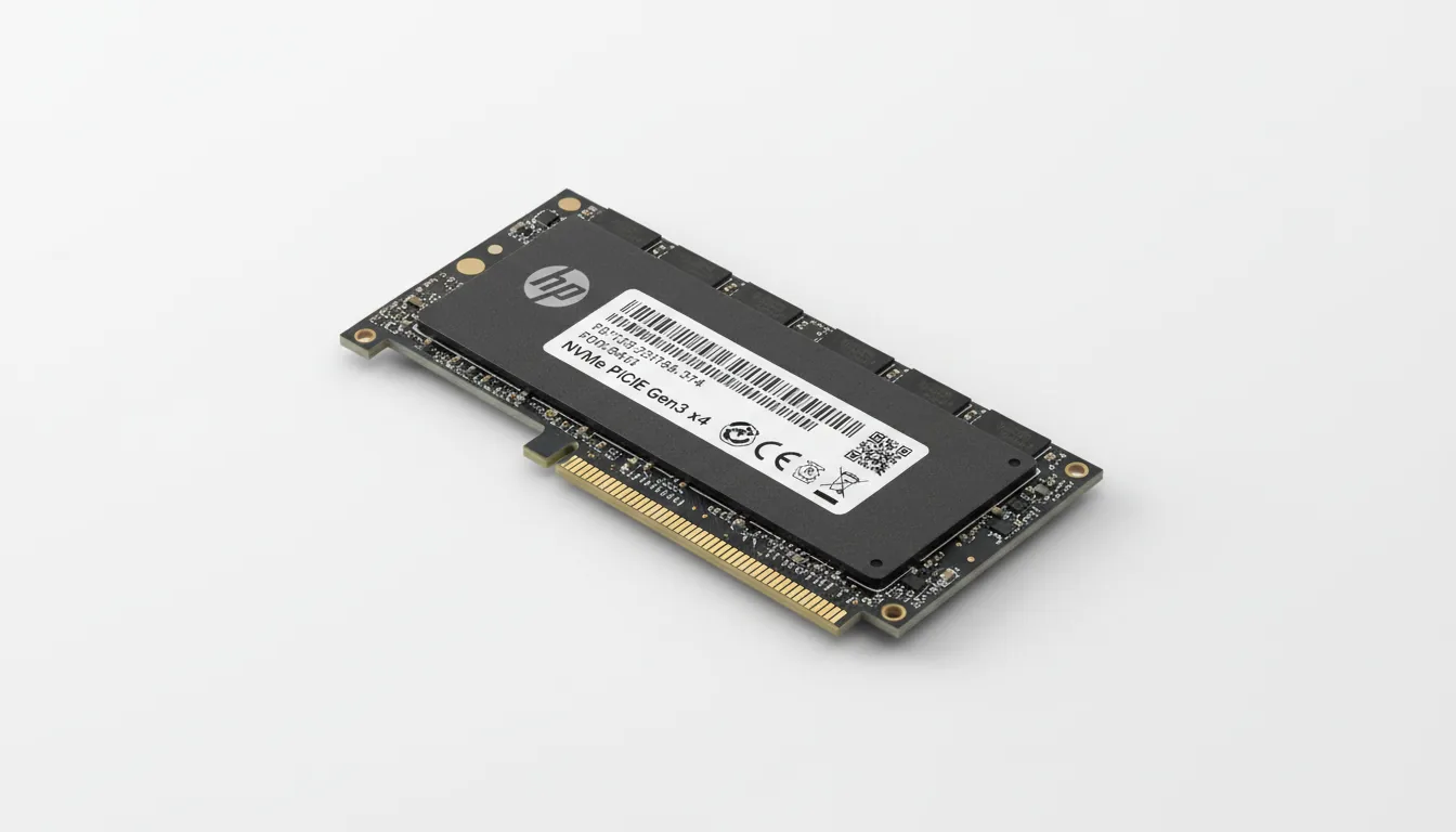 High-fidelity DSLR product photography of a black HP M.2 NVMe SSD, placed diagonally on a stark white, seamless studio background. The lighting is bright, even, and soft, creating a clean, professional look with minimal soft shadows. The entire SSD is in sharp focus, detailing the intricate circuit board, gold-plated connectors, and the central white label with barcodes and generic certification symbols.