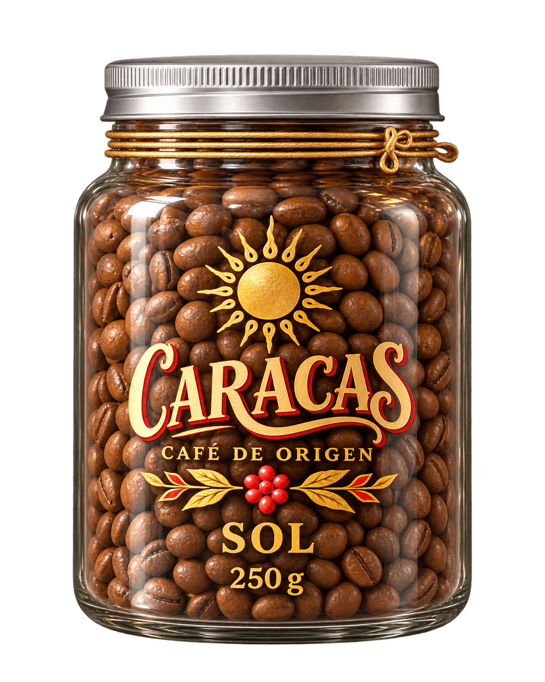 CARACAS whole-bean coffee in a clear glass jar with silver cap