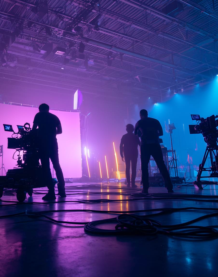 Silhouetted crew members with cameras set up in a studio with vibrant purple and blue lighting. Cables are visible on the floor, creating a dynamic atmosphere.