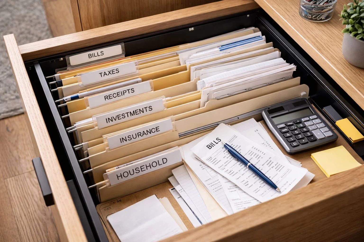 Neatly organized filing cabinet with labeled folders, receipts, and bills, representing careful record keeping and documentation.