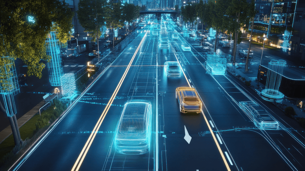 Blick auf eine mehrspurige Straße mit holografischen Autos
