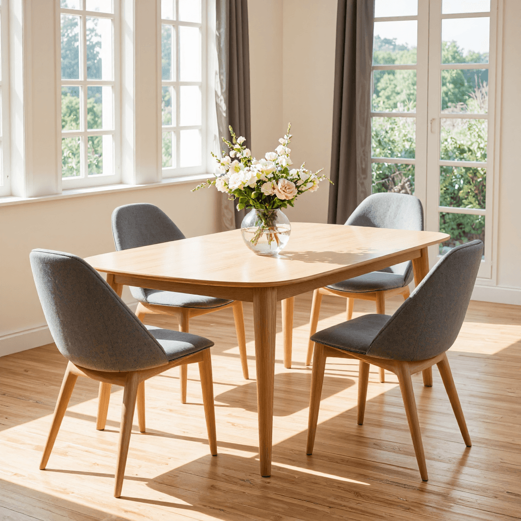 product photography of a dining table set with four chairs