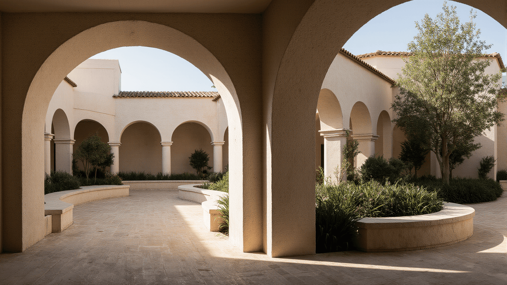 Sunlit courtyard framed by archways, with greenery and curved stone benches.