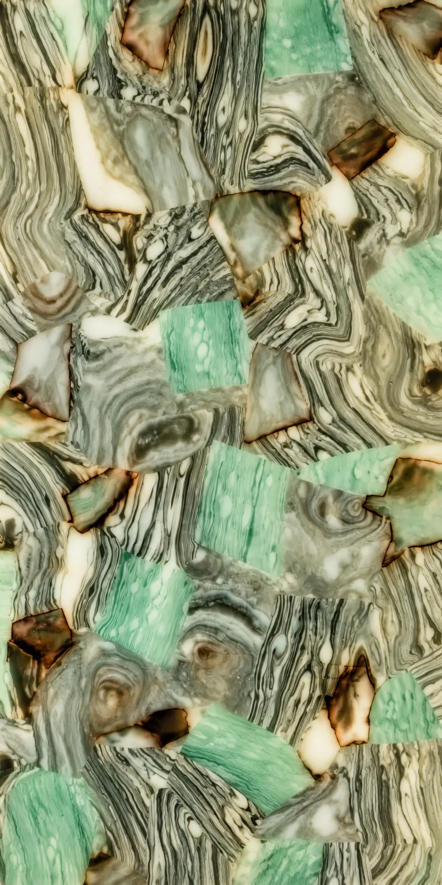 Lastra di acetato di cellulosa con effetto marmorizzato nelle tonalità verde salvia, crema, grigio e marrone, esempio della ricerca materica alla base degli occhiali IDIA. Le lastre vengono selezionate da Ottica Dentella ad Ancona per texture, colore e caratteristiche visive prima di essere lavorate e trasformate in montature artigianali progettate su misura.