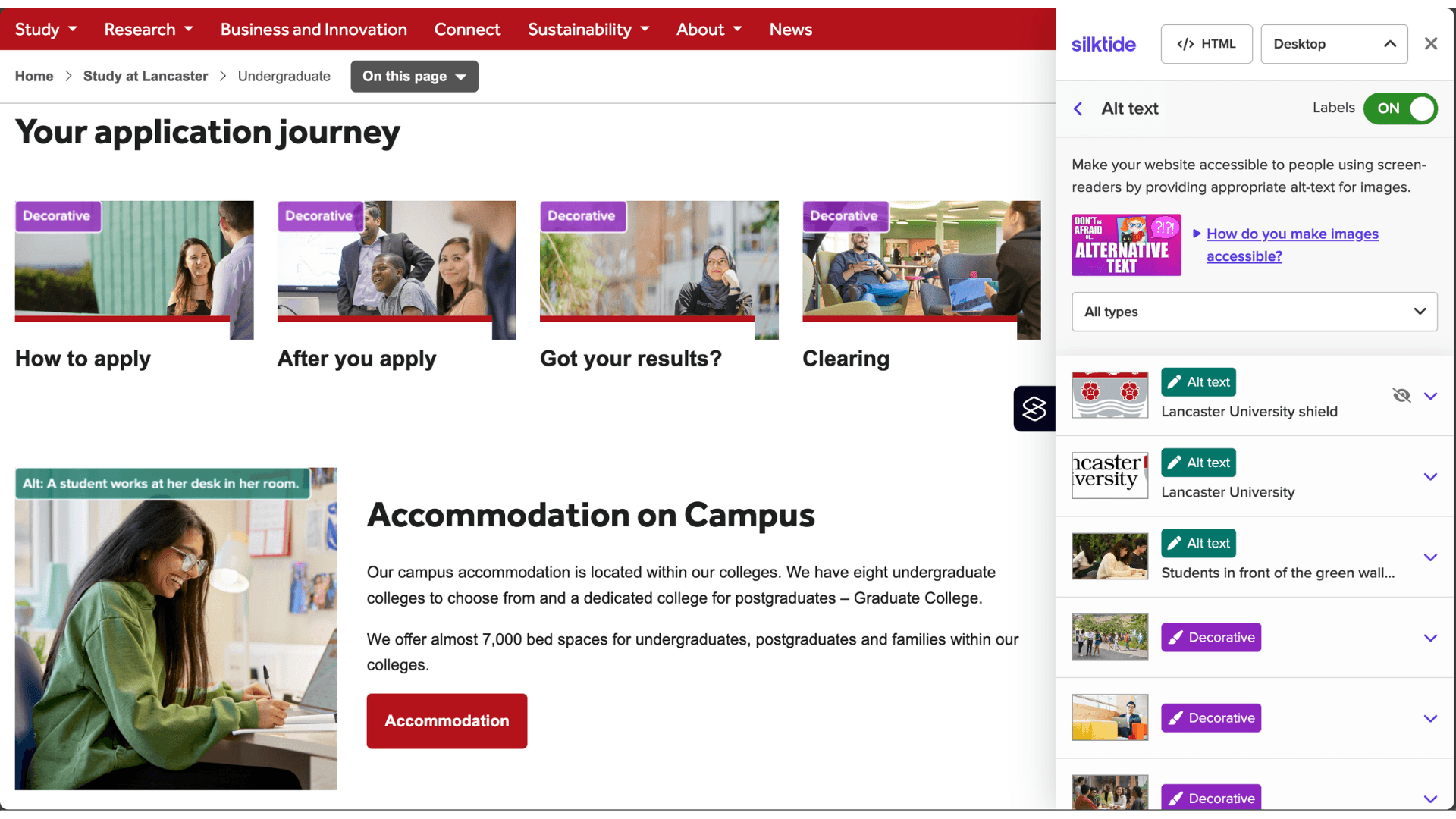 An image of Lancaster University website showing use of decorative tags and descriptive alt tags for images