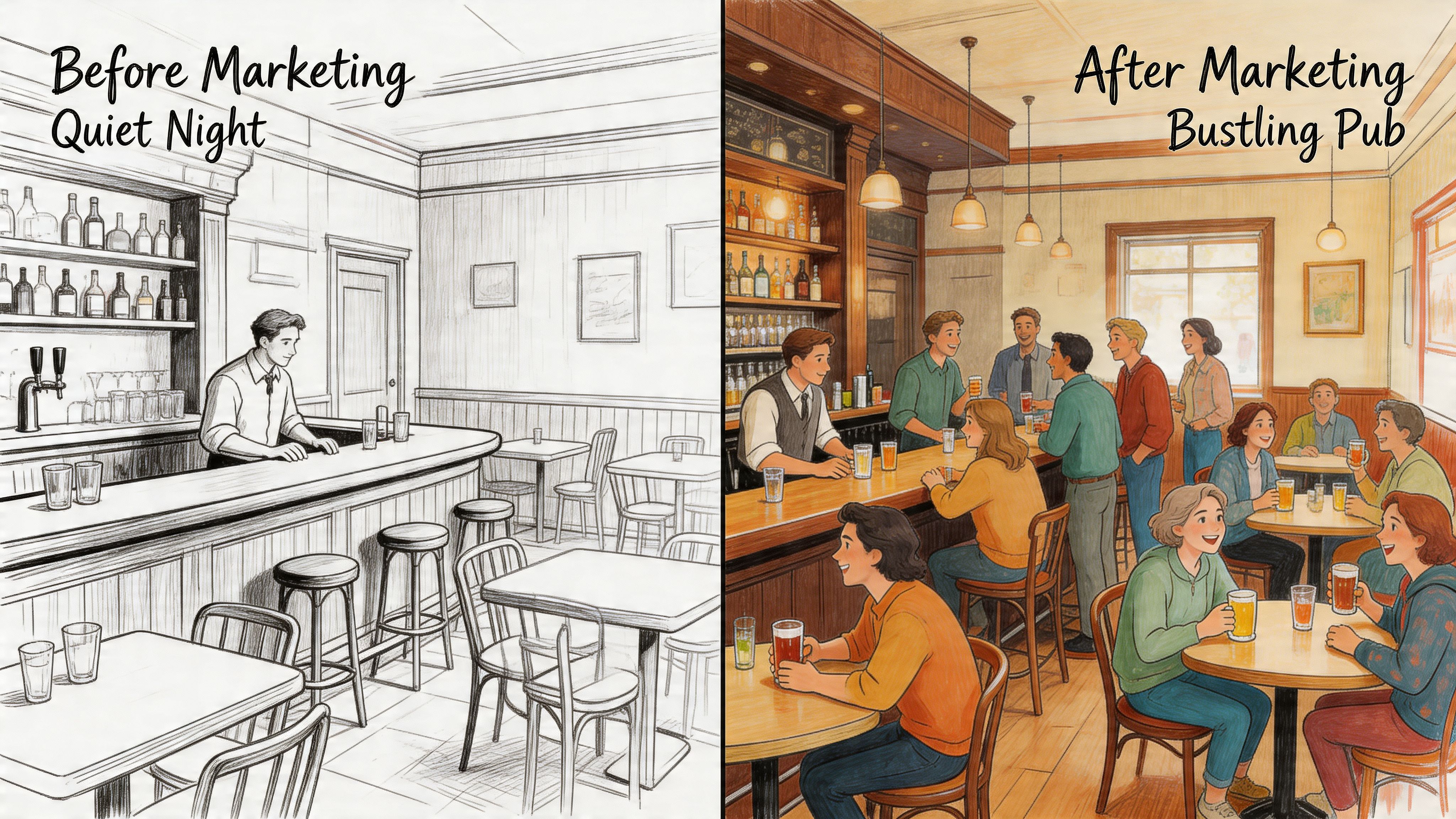A split-screen illustration comparing a quiet, empty pub before marketing with a busy, bustling pub after marketing.