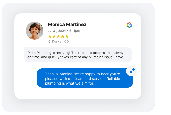 Google review for a plumbing business with an AI-generated response thanking the customer for their positive feedback.