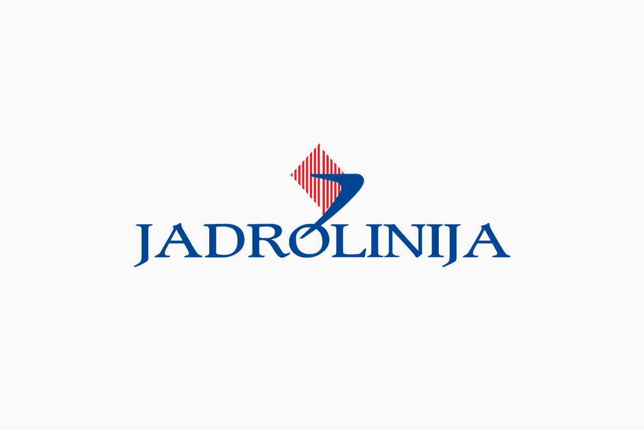 Jadrolinija Logo. Diamond shape made of red vertical lines with a dark blue sail or boomerang shape placed on top. The word Jadrolinija below the logo in captial serif letters