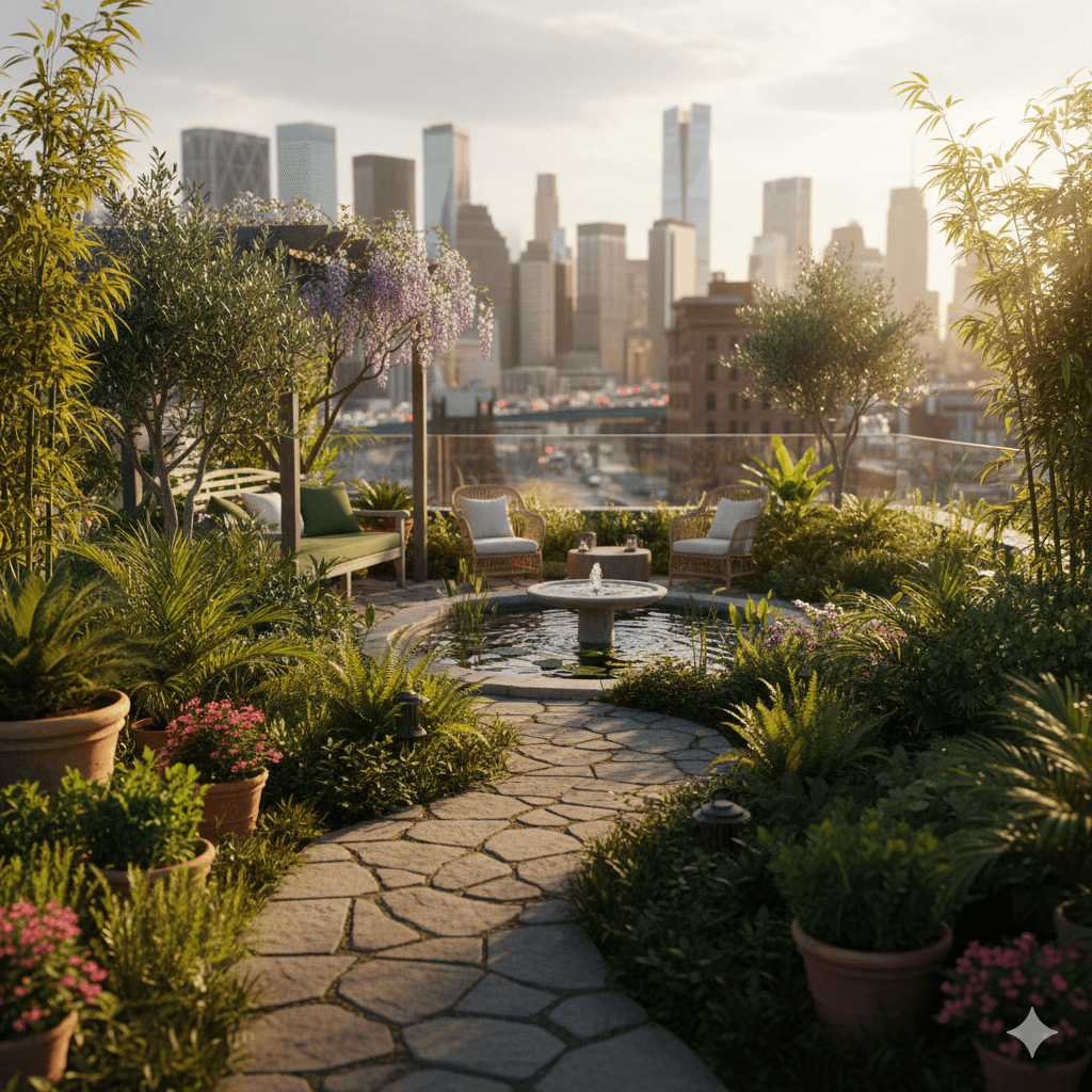 Modern rooftop garden with a stone path and fountain in Sector 65