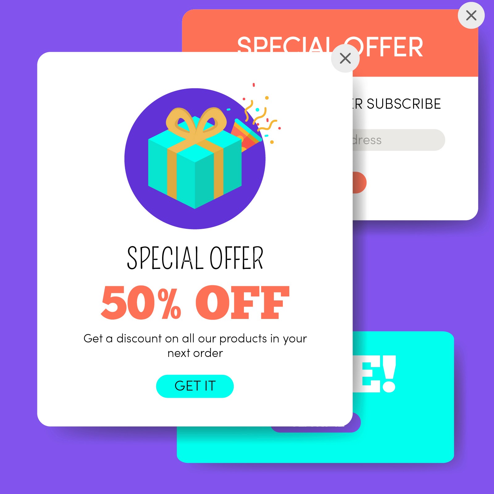 Modern website popup offering 50% discount