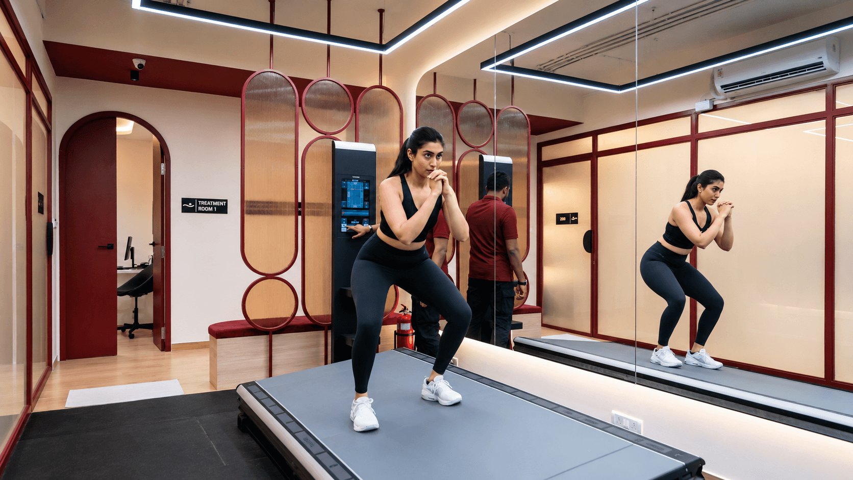Woman performing post-surgical rehabilitation exercises independently at Ember & Ice Health wellness and recovery studio.