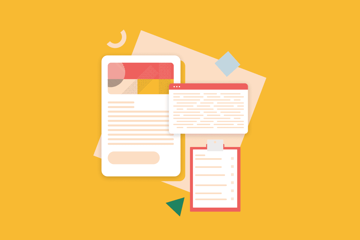 An illustration of a mobile wireframe, which includes an image, text, and a button. To the right, is a terminal window, showing lines of code. Underneath this is a checklist. These all feature on a amber-coloured background. 