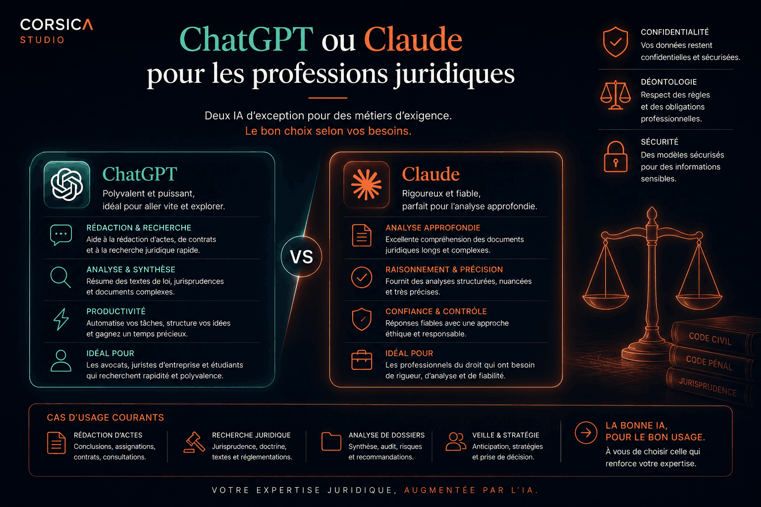 ChatGPT ou Claude pour les professions juridiques, illustration comparative premium Corsica Studio sur IA juridique, confidentialité, rédaction d’actes, analyse de dossiers et productivité des métiers du droit.