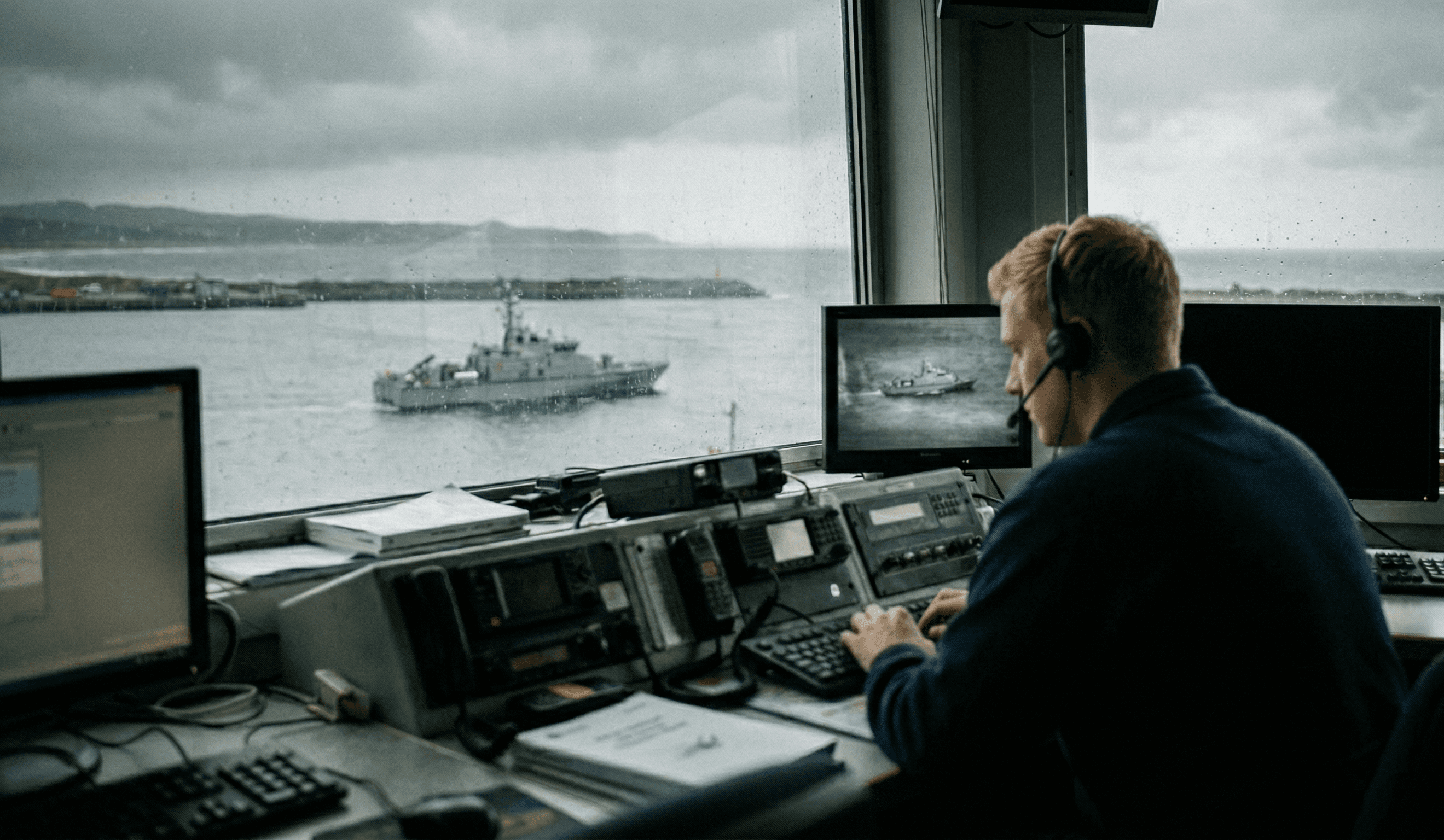 shore operator looking at video