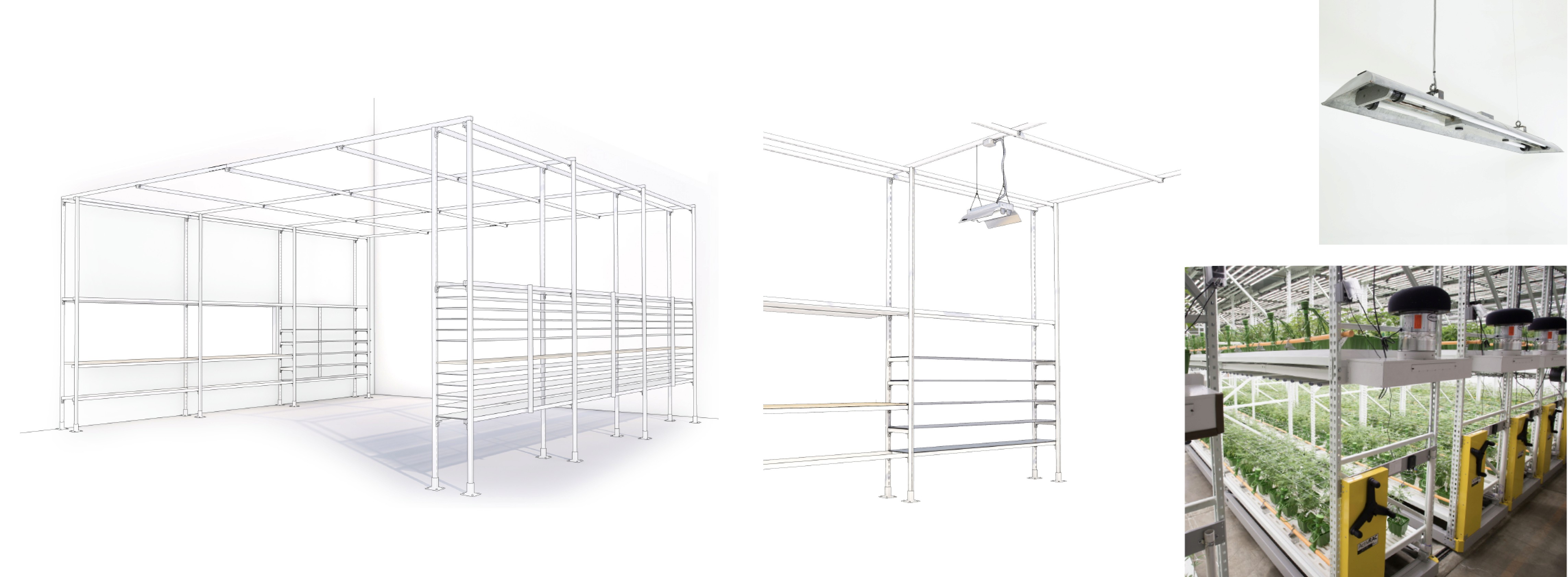 Perimeter shelving close-up — the powder-coated punched steel material and the grow-rack reference