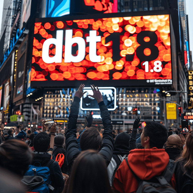 A large crowd of people gathered in a city square at night, looking up at a massive digital billboard that displays the text 'dbt 1.8' with vibrant, orange bokeh lights in the background.