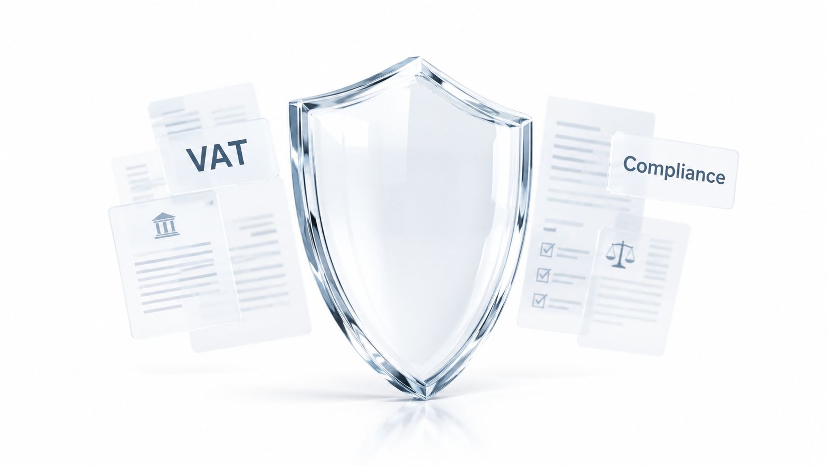 A glass shield protecting document icons labeled with VAT and Compliance, representing secure business tax compliance.