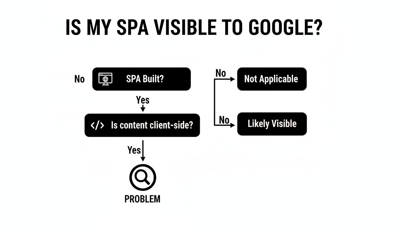 Flowchart explaining if a Single Page Application is visible to Google, identifying potential SEO problems.
