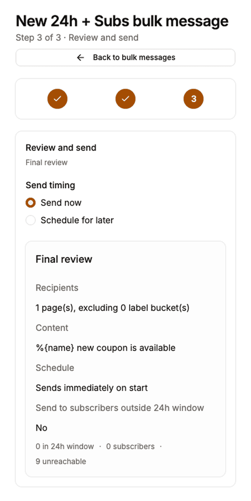 Review and send step summarising recipients, content and schedule before starting the bulk message.