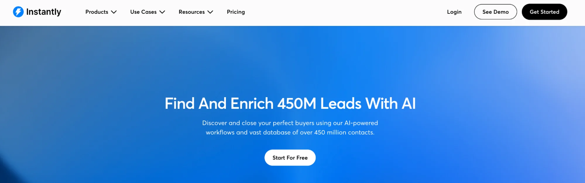 Instantly.ai homepage: B2B lead database and cold email platform