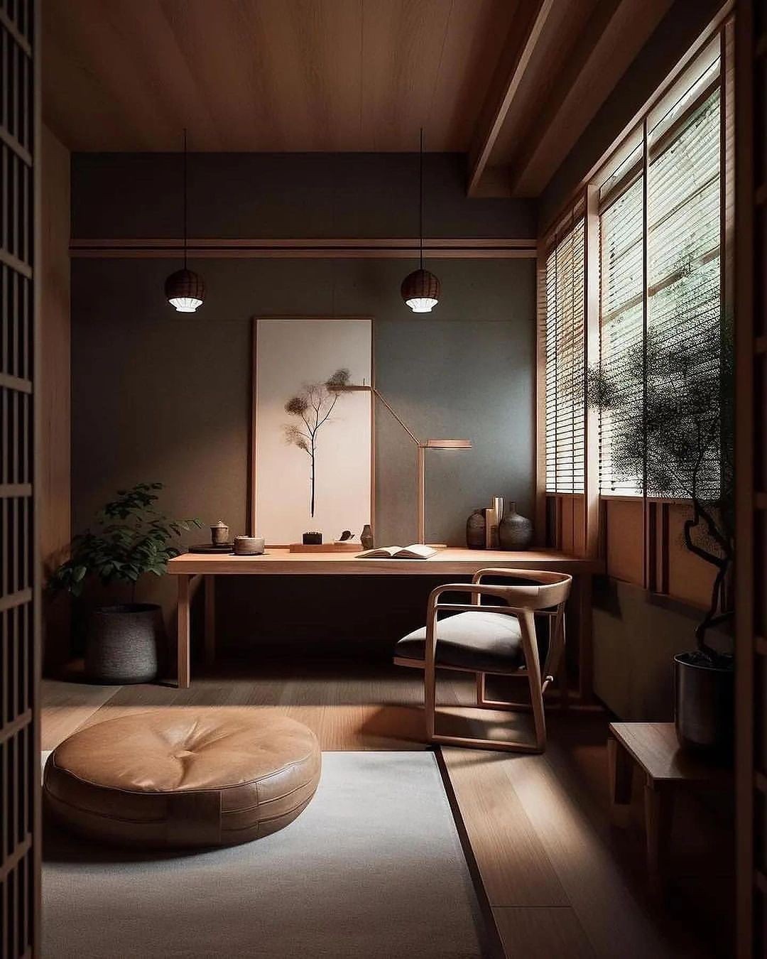 Quiet Japanese-style study with a wooden desk, chair, art print, and filtered window light.